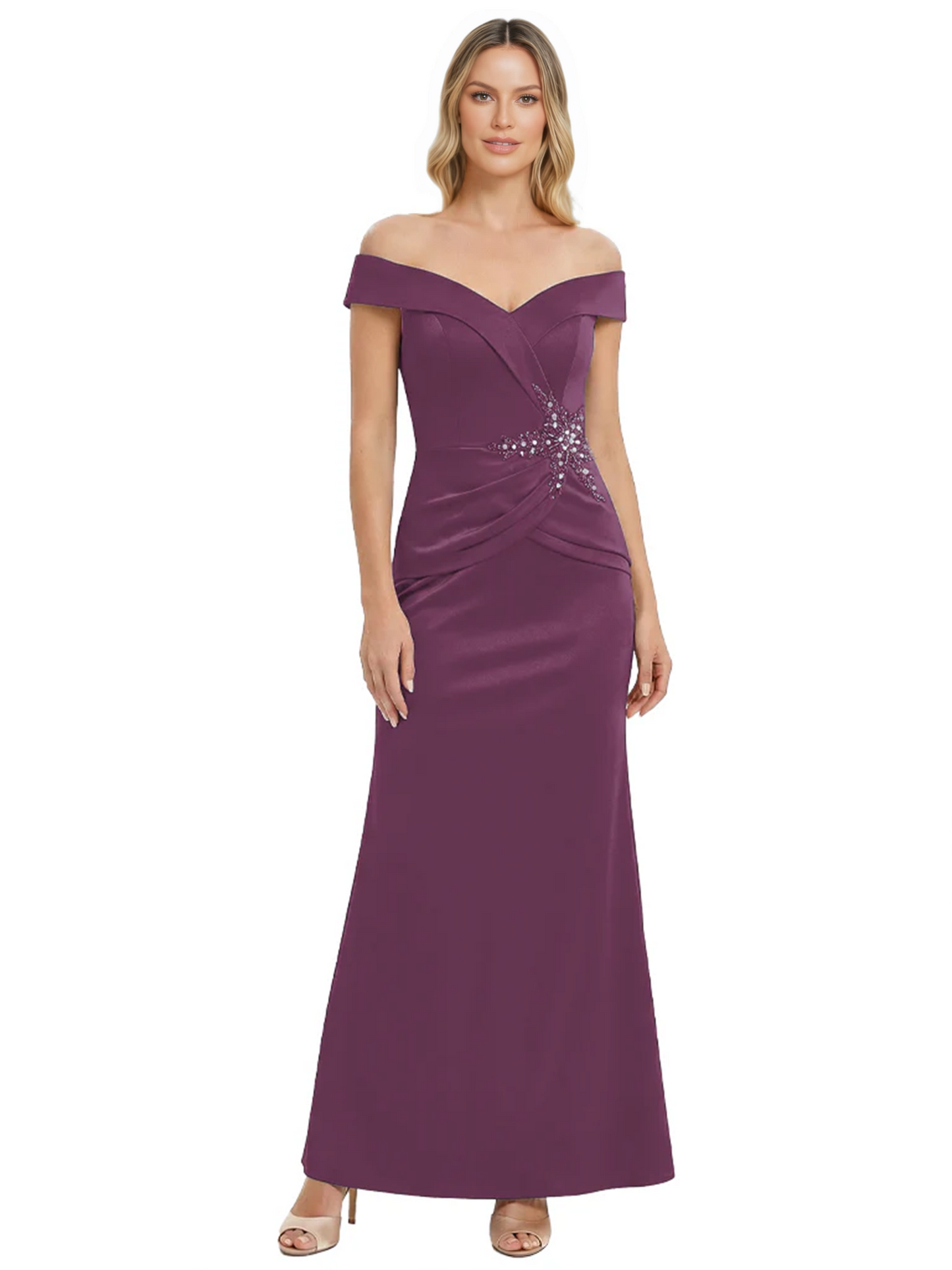 Off Shoulder Mother of the Bride Dress Beaded Waist Satin Gown Portrait Neckline