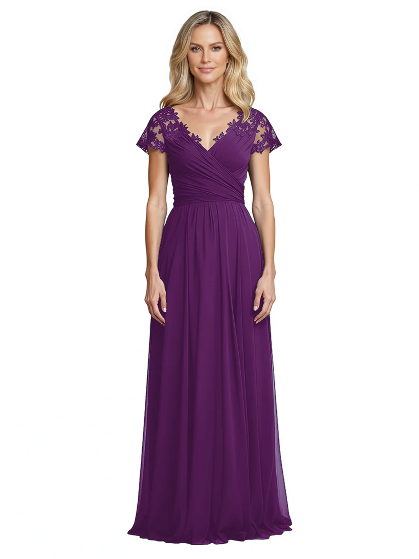 Mother of the Bride Dress Cap Sleeves and V-Neckline with Embroidered Lace Shoulders