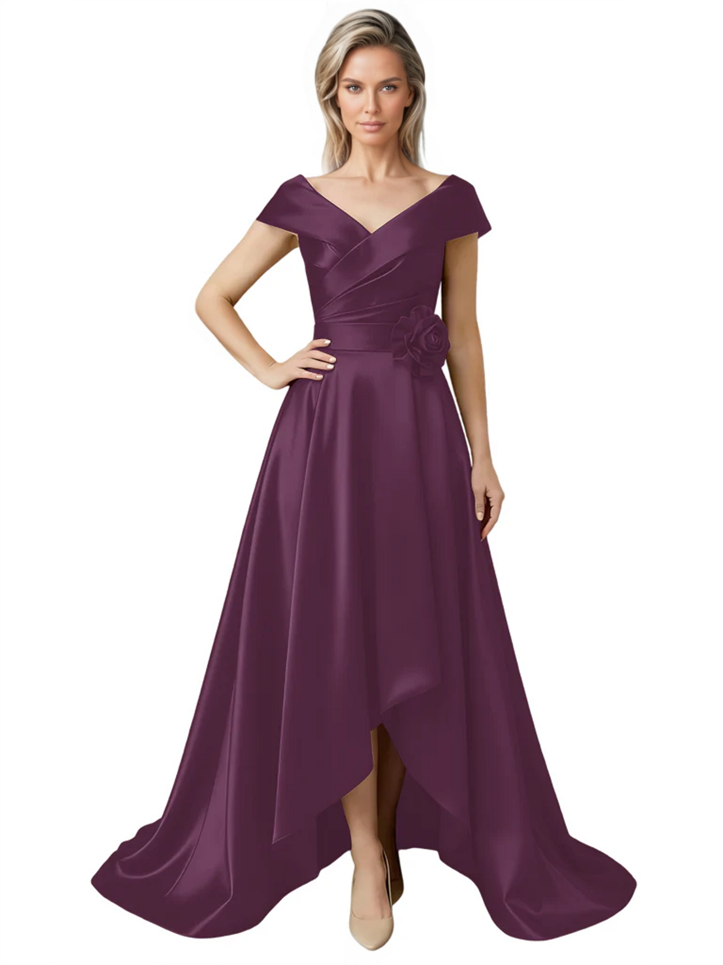 Off Shoulder Mother of the Bride Dress High-Low Satin Gown with Portrait Neckline
