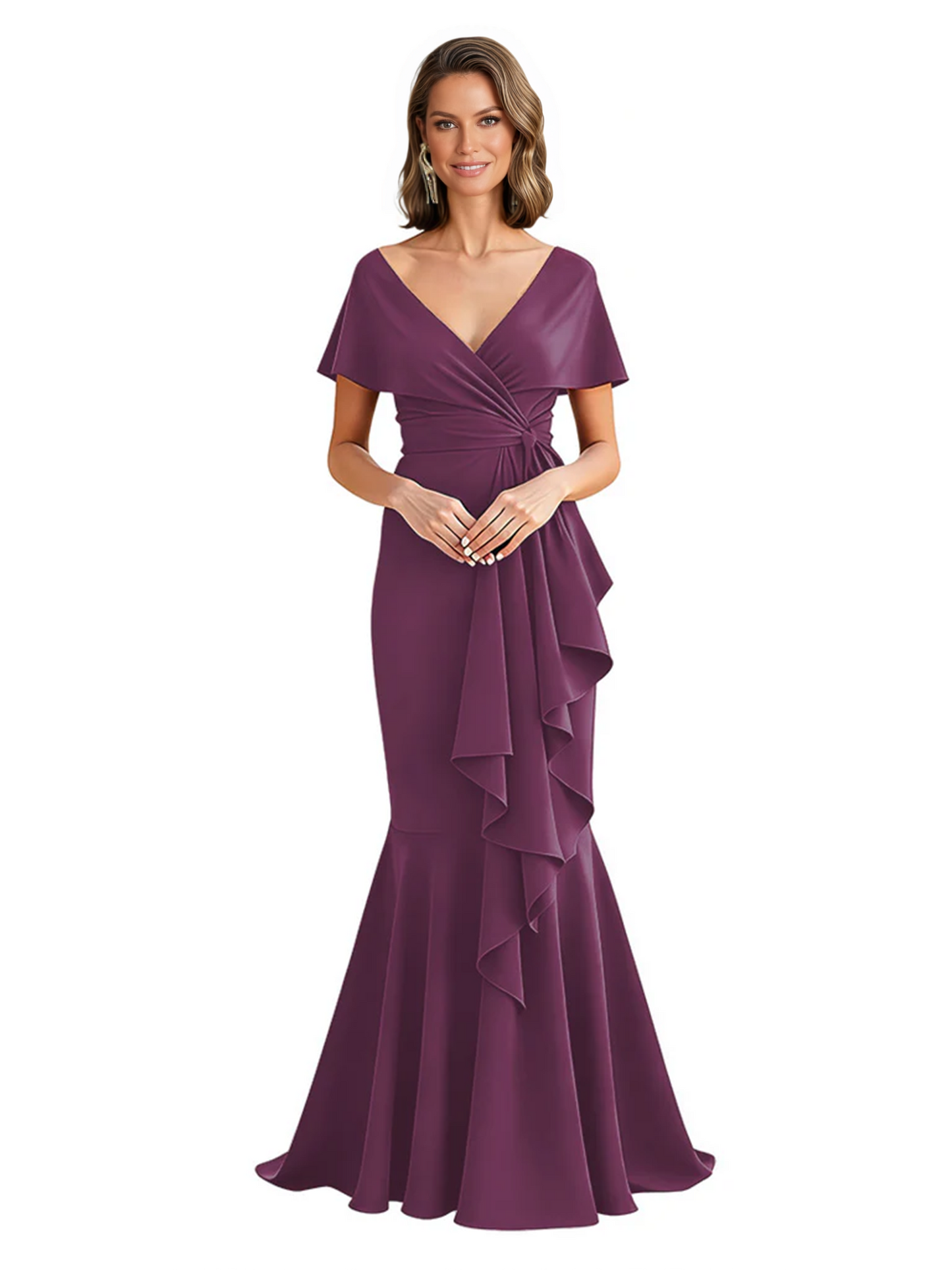 Satin Mother of the Bride Dress with Cascading Ruffles and Mermaid Tail V-Neck