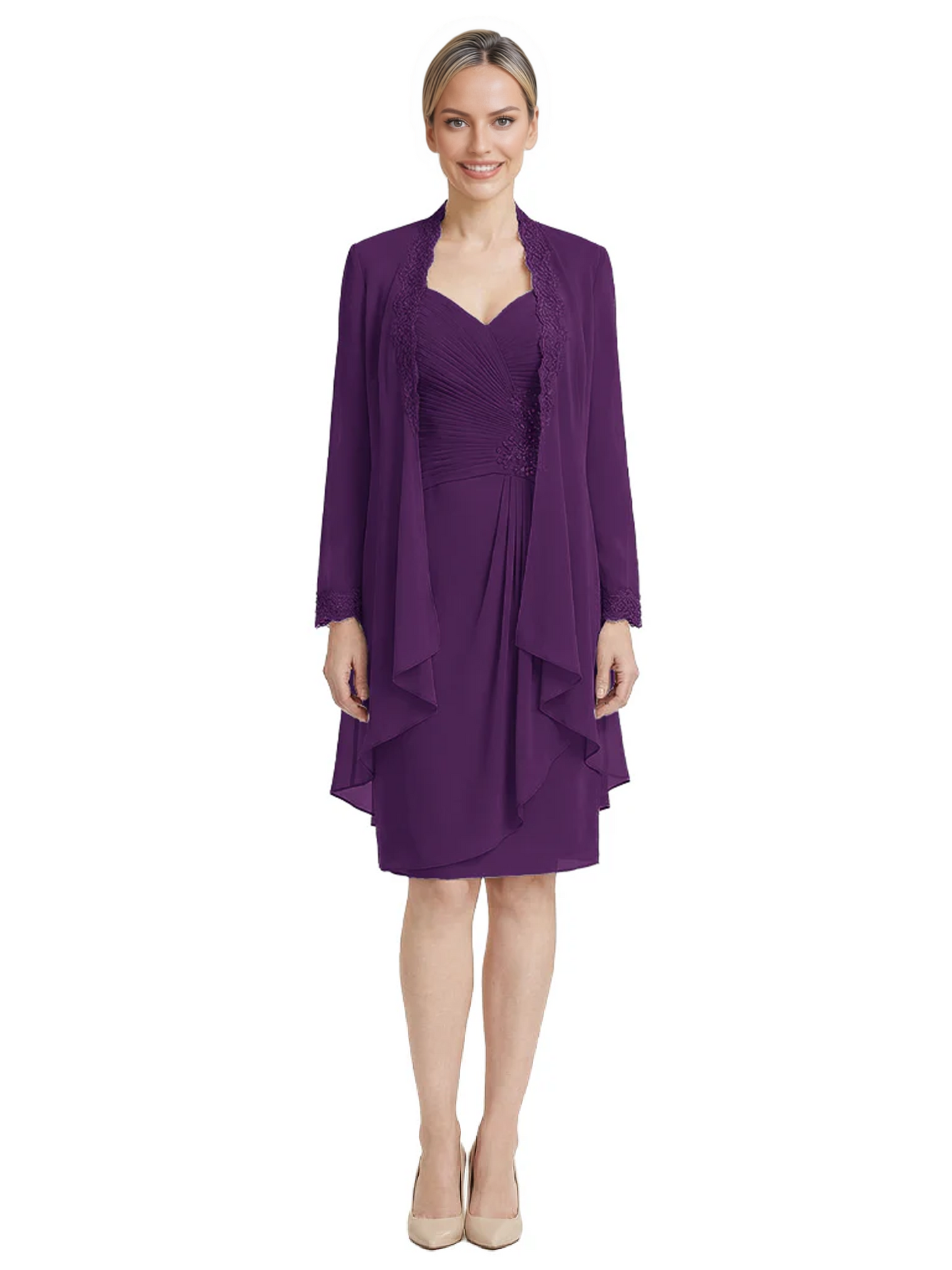 2PCS Knee Length Chiffon Mother of the Brides Dresses Short V-Neck