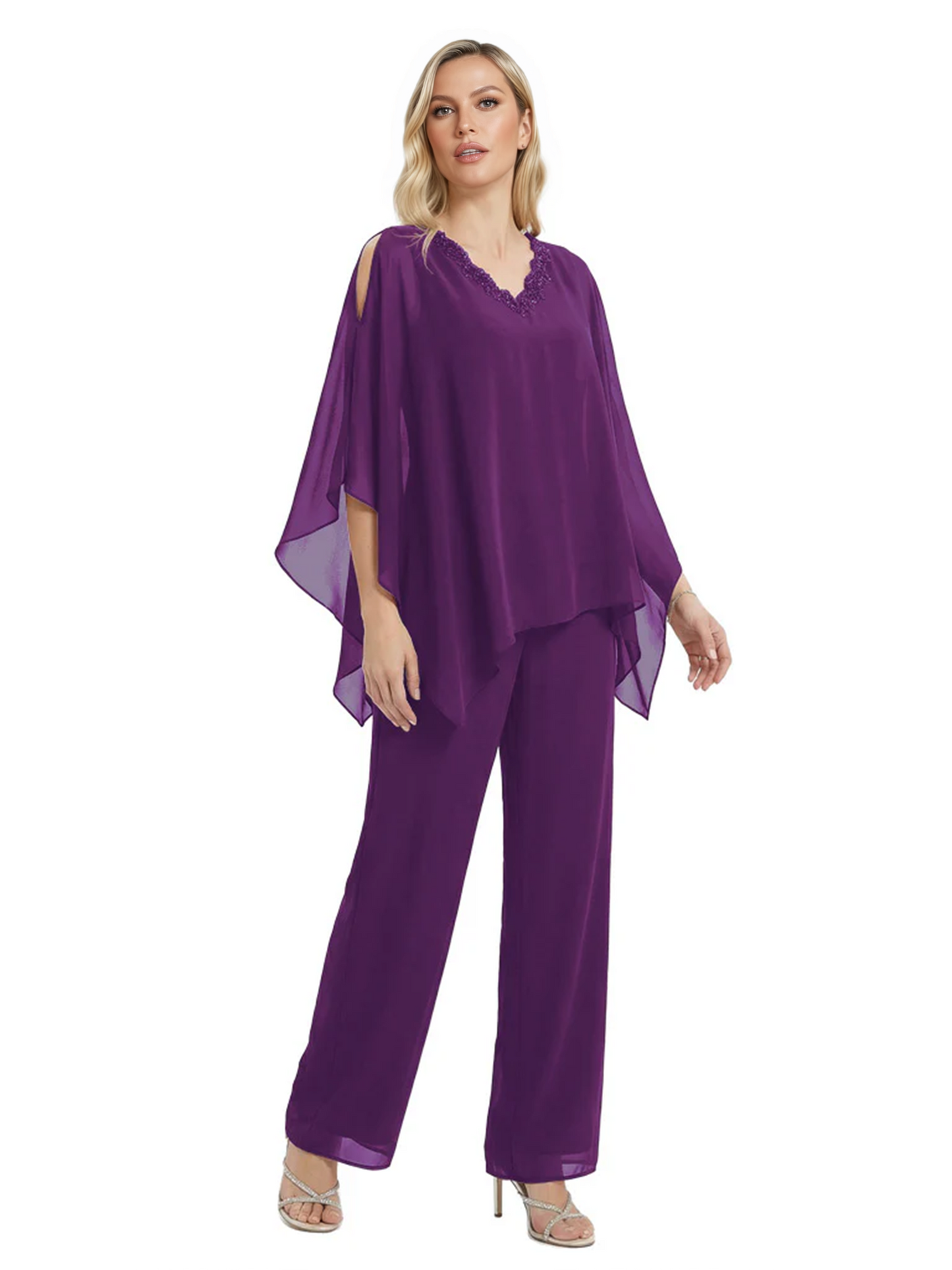 V-Neck Chiffon Mother of the Brides Dresses Plus Size Jacket Suits Wedding