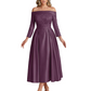Off Shoulder Mother of the Bride Dress Tea-Length Satin Gown with Lace Applique