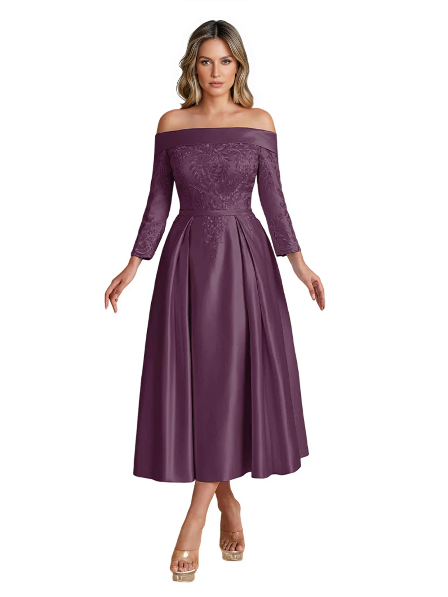 Off Shoulder Mother of the Bride Dress Tea-Length Satin Gown with Lace Applique