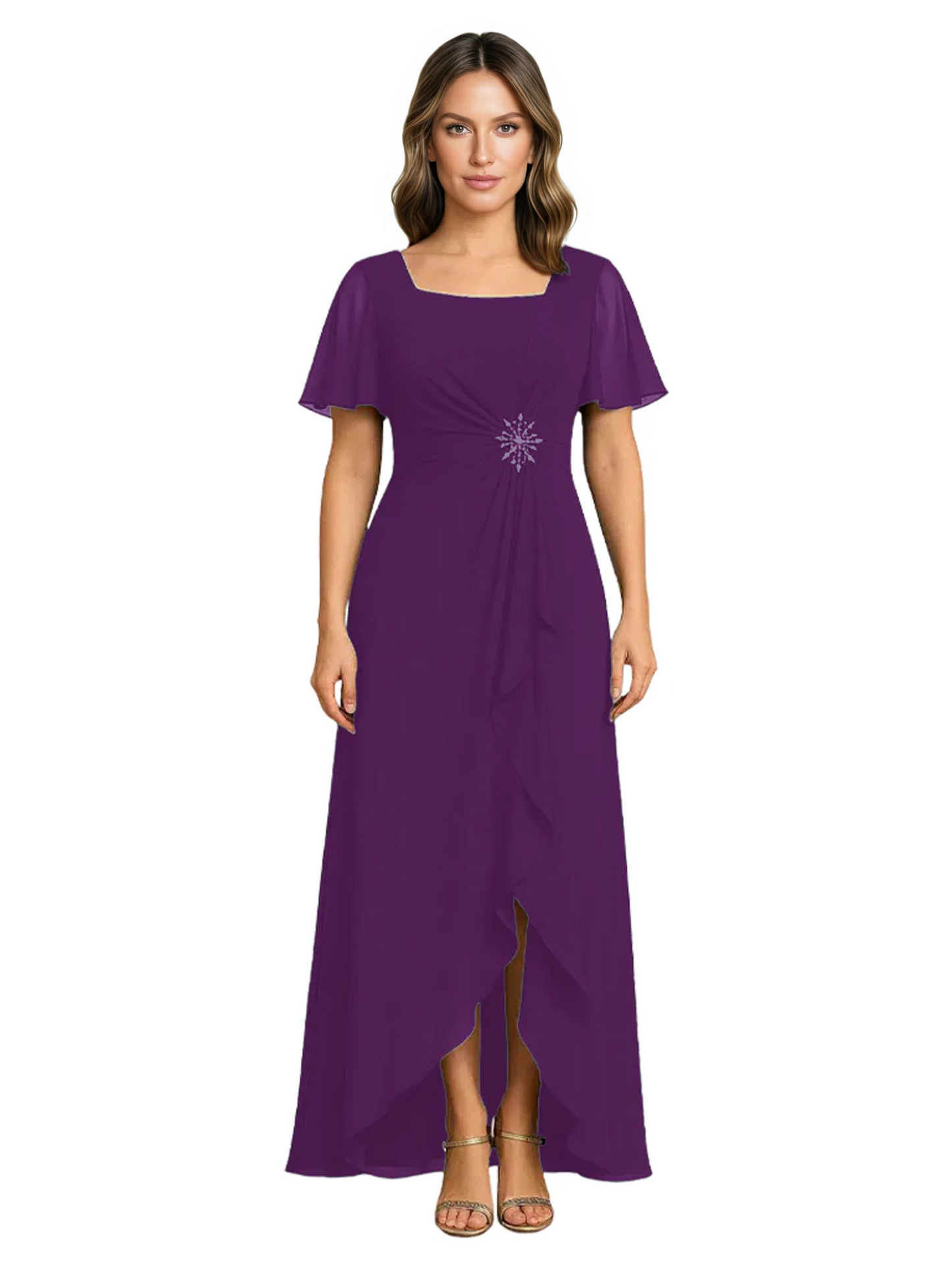 Formal High-Low Mother of the Bride Gown Sleeved Chiffon Maxi Dress Ruched Waist