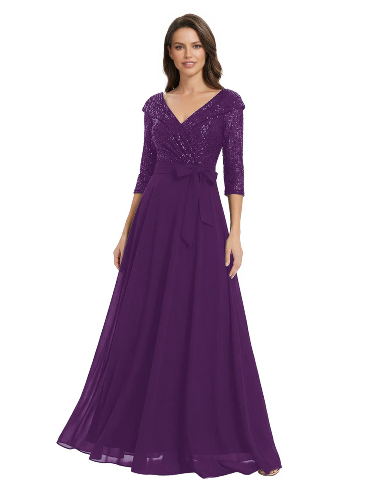 Chiffon Mother of the Bride Dress with Sequin V-Neck and Elegant Bow Sash