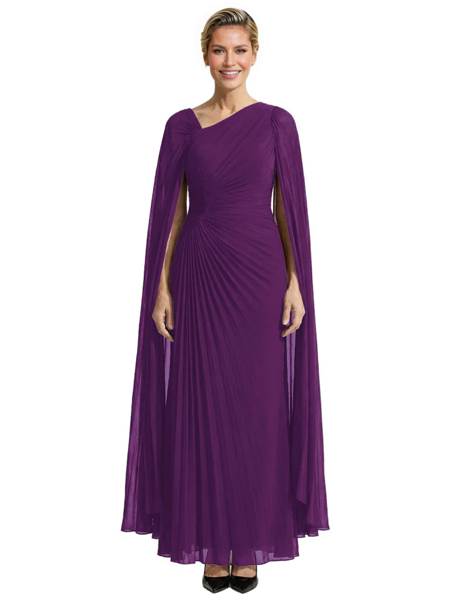 Elegant Asymmetric Neck Long A-Line Chiffon Mother of the Brides Dresses Mom Outfit with Cape