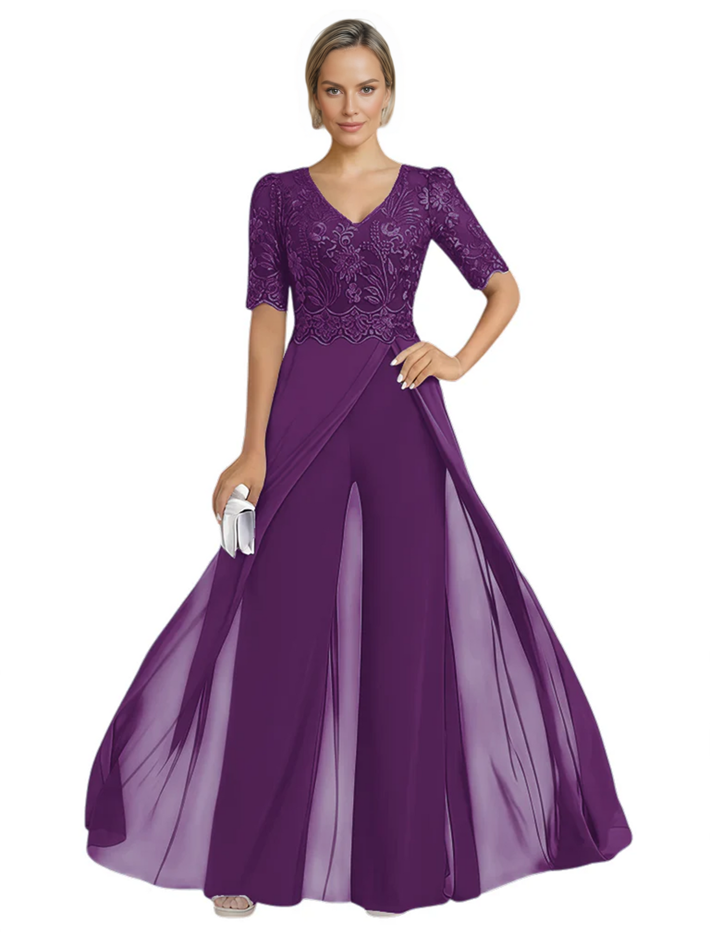 V-Neck Chiffon Mother of the Brides Jumpsuits Dresses Floor Length A-Line Lace