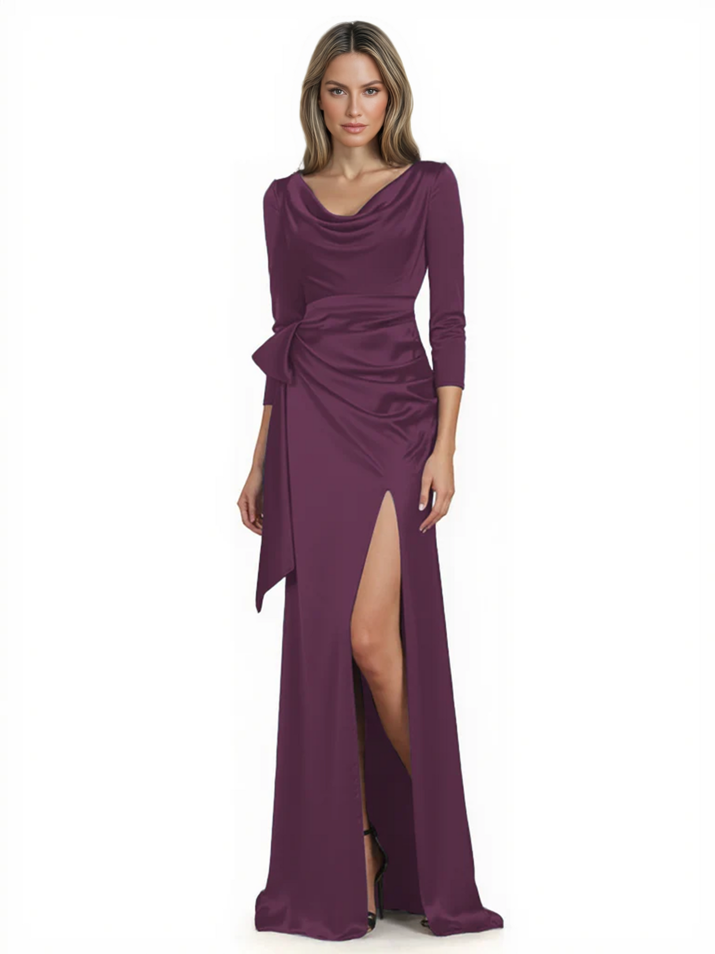 Elegant Evening Gowns Slit Trending Styles Satin Slit Formal Dress Cowl Neckline Gown Tie