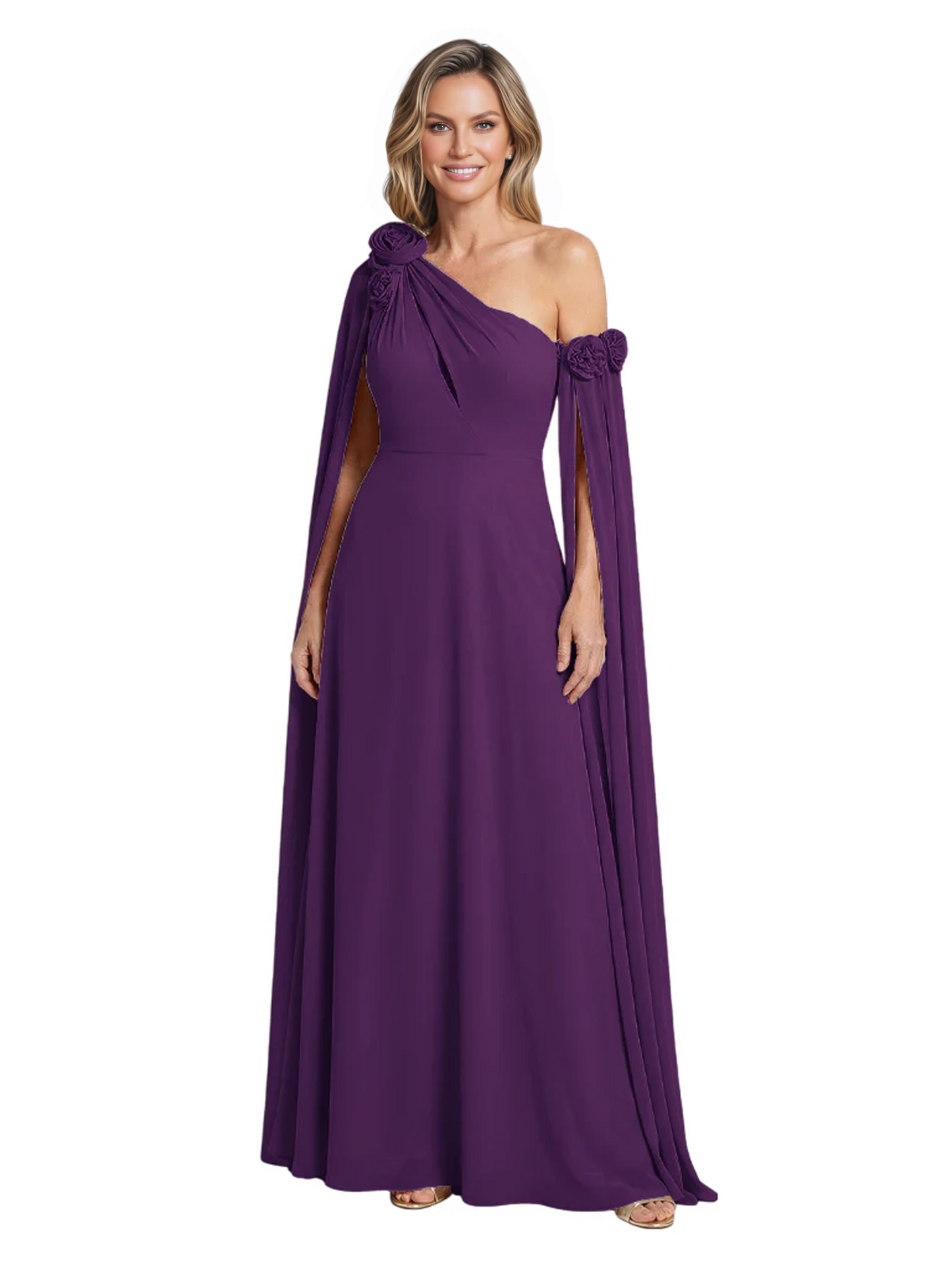 One Shoulder Mother of the Bride Dress Asymmetrical Cape Sleeve Gown with Floral
