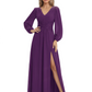 A-Line Mother of Bride Dress V-Neck Chiffon Gown Long Sleeves Slit Formal Dress