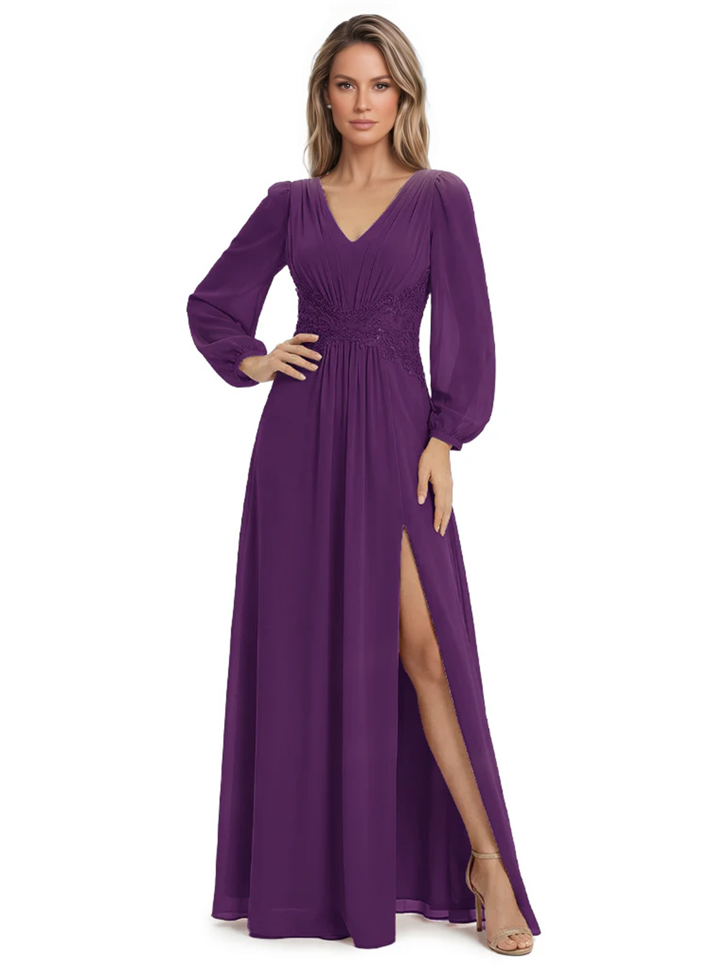 A-Line Mother of Bride Dress V-Neck Chiffon Gown Long Sleeves Slit Formal Dress