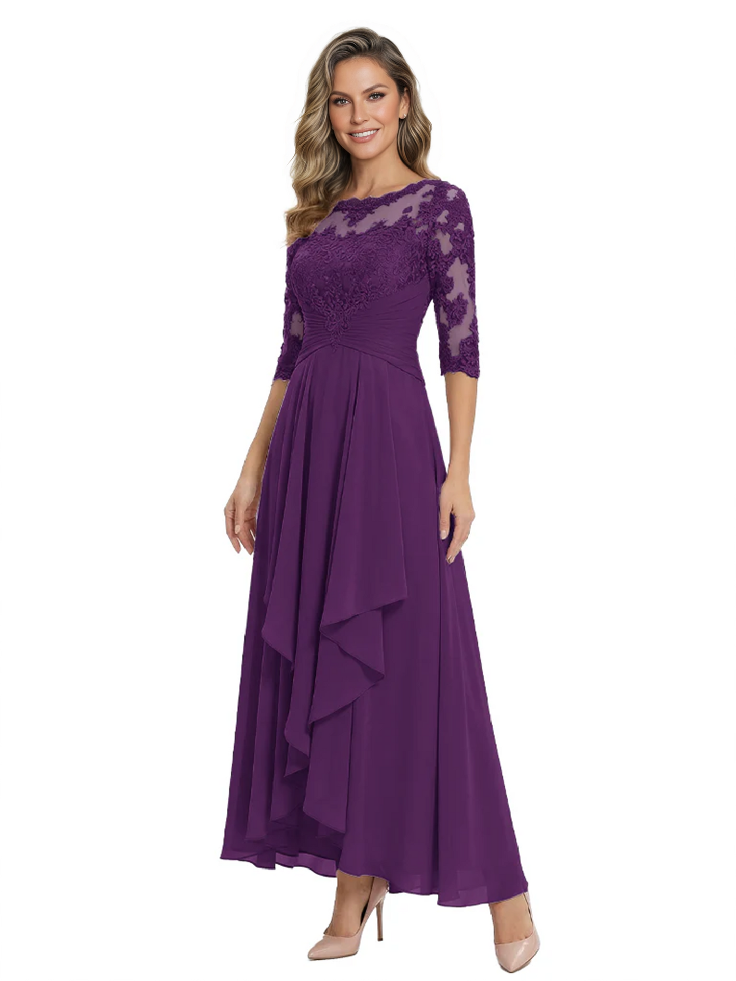 3/4 Sleeve Mother of the Bride Dress with Lace Embroidery High-Low Hem 2026