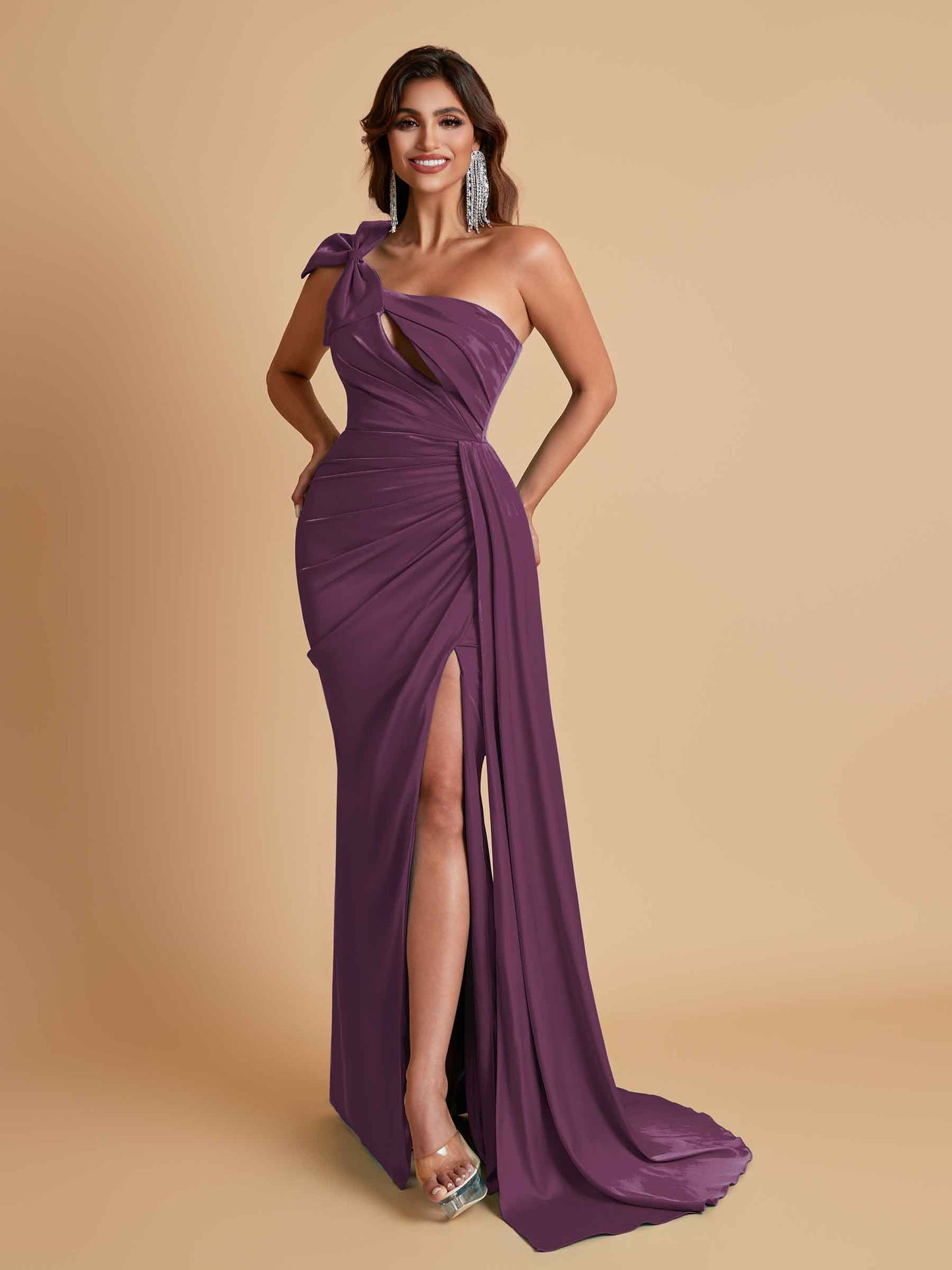 Gorgeous One Shoulder Bow Knot Soft Satin Side Slit Floor-Length Mermaid Bridesmaid Dresses