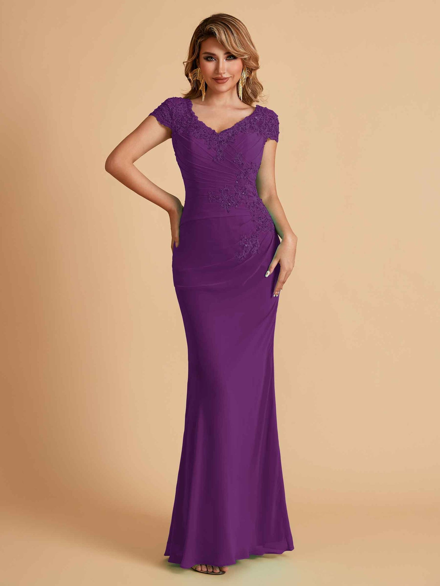 Elegant Mermaid Chiffon Cap Sleeves V-Neck Mother of the Brides Dresses Online