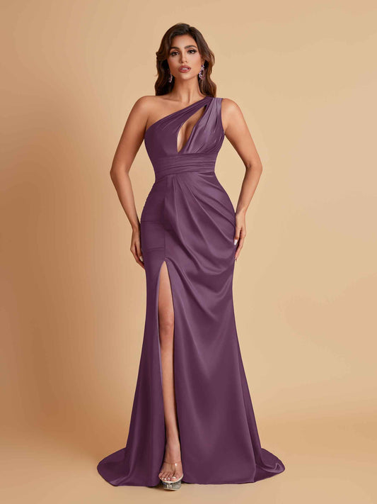 Sexy One Shoulder Soft Satin Side Slit Floor-Length Mermaid Bridesmaid Dresses