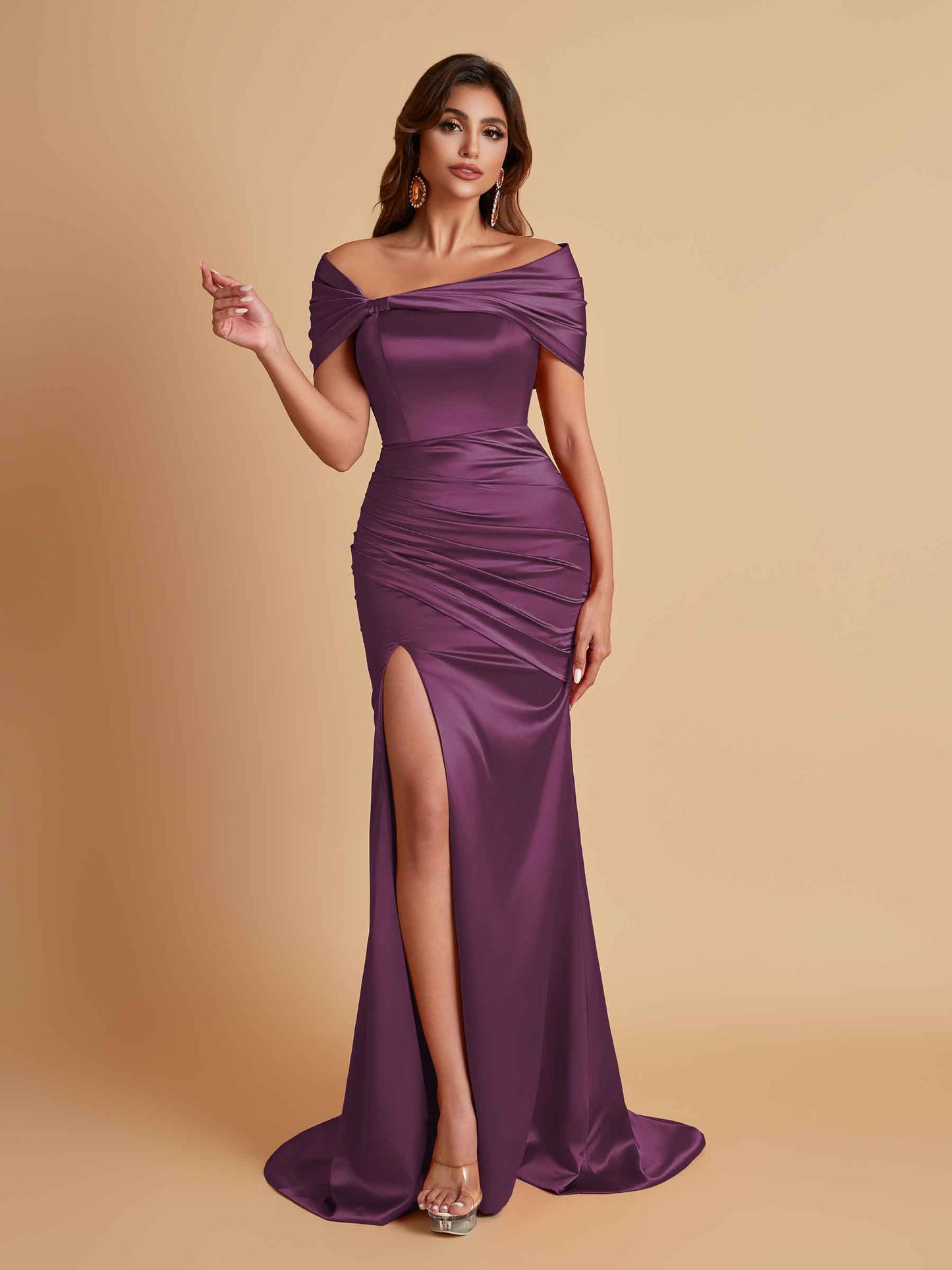 Elegant Soft Satin Off-the-shoulder Side-Slit Mermaid Bridesmaid Dresses