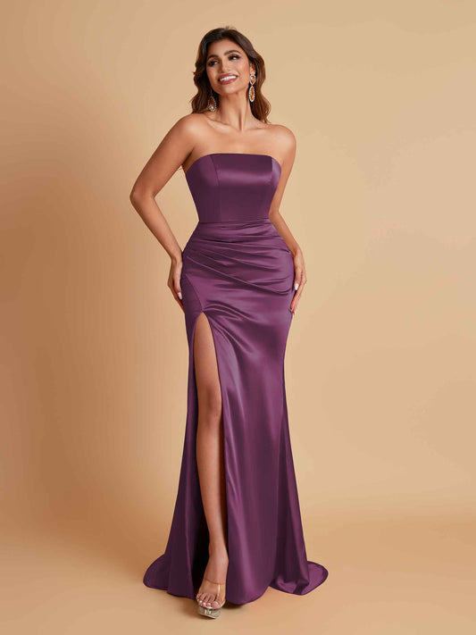 Elegant Soft Satin Strapless Split Side Mermaid Bridesmaid Dresses