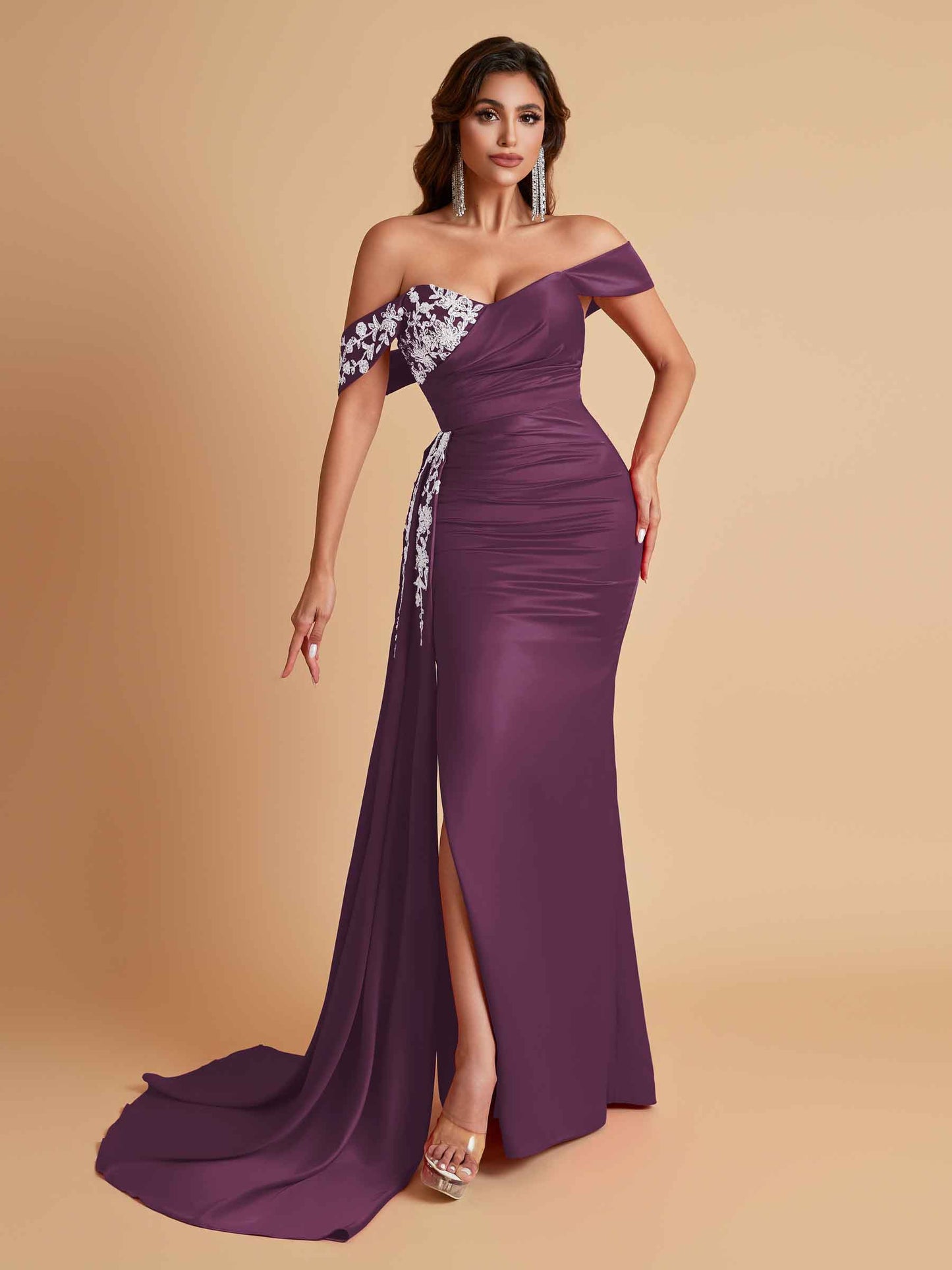 Elegant Soft Satin Mermaid Off Shoulder Floor-Length Mermaid Bridesmaid Dresses