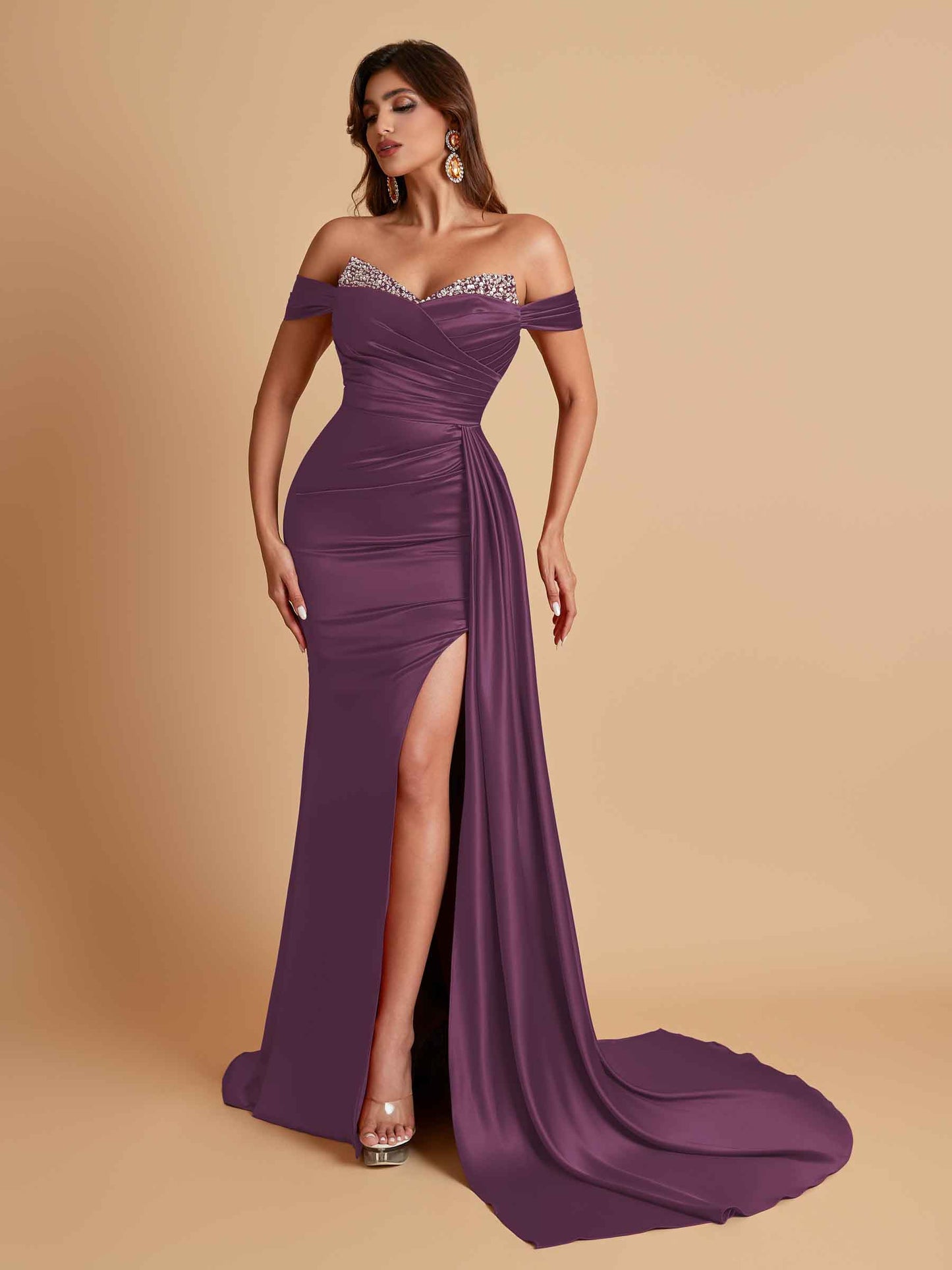 Gorgeous Soft Satin V-neck Off-the-Shoulder Side-Slit Mermaid Bridesmaid Dresses