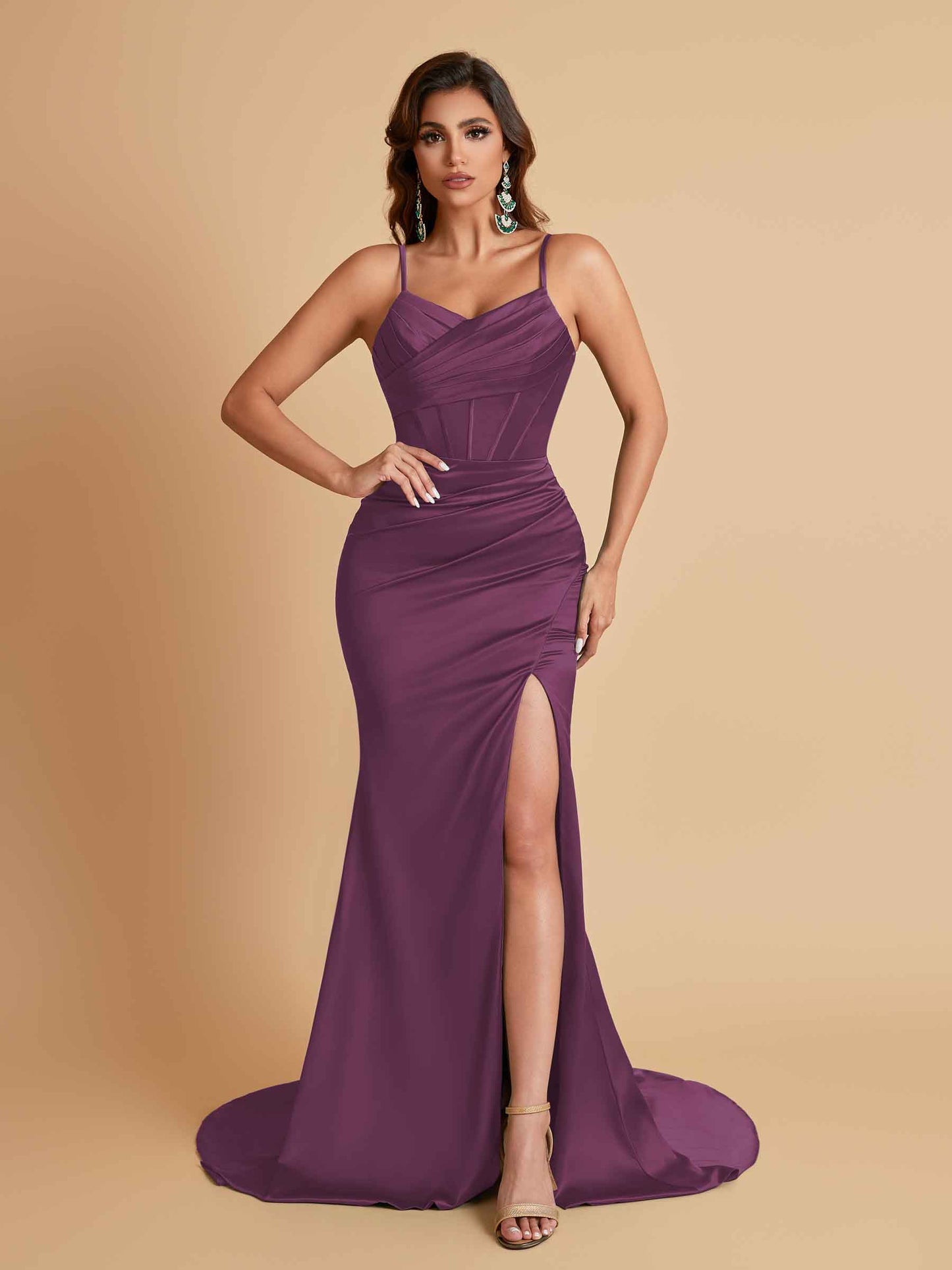 Sexy Spaghetti Straps V Neck Soft Satin Side Slit Floor-Length Mermaid Bridesmaid Dresses