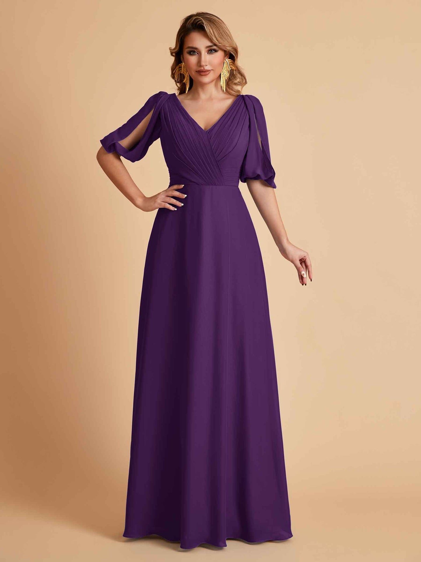 Elegant A-Line Chiffon Half Sleeves V-Neck Mother of the Brides Dresses Online