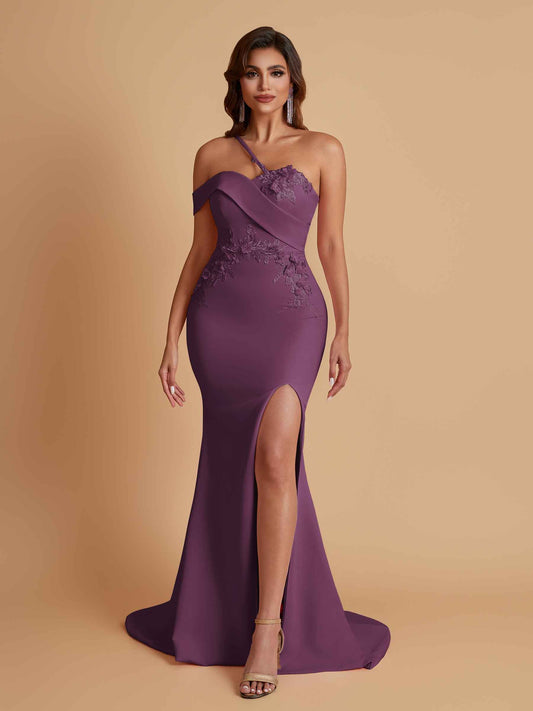 Sexy Soft Satin Mermaid One Shoulder Asymmetrical Side Slit Floor-Length Bridesmaid Dresses