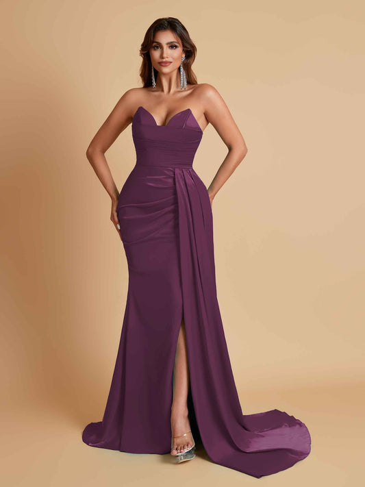 Gorgeous Strapless Soft Satin Side Slit Floor-Length Mermaid Bridesmaid Dresses