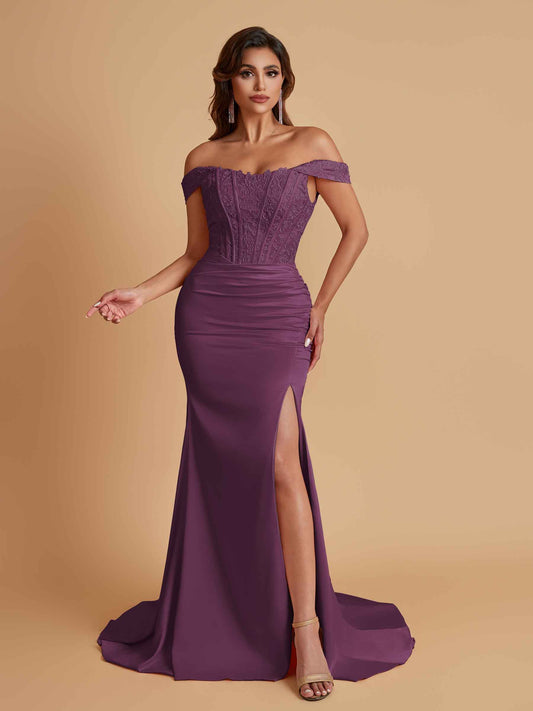 Elegant Soft Satin Mermaid Off Shoulder Side Slit Floor-Length Mermaid Bridesmaid Dresses