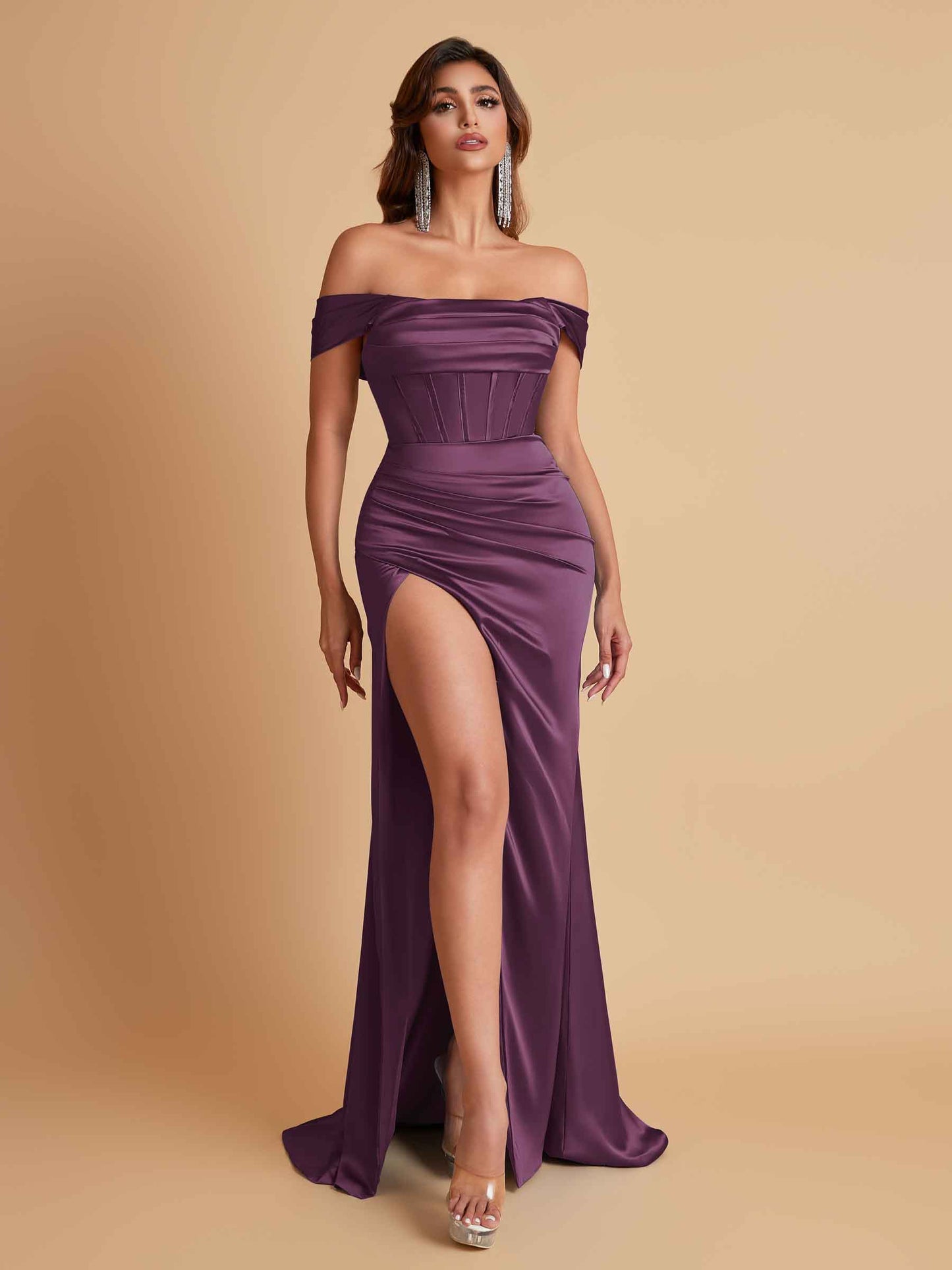 Sexy Off the Shoulder Soft Satin Side Slit Floor-Length Mermaid Bridesmaid Dresses