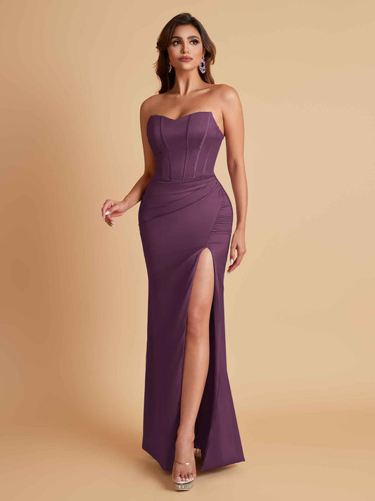 Sexy Strapless Soft Satin Side Slit Floor-Length Mermaid Bridesmaid Dresses