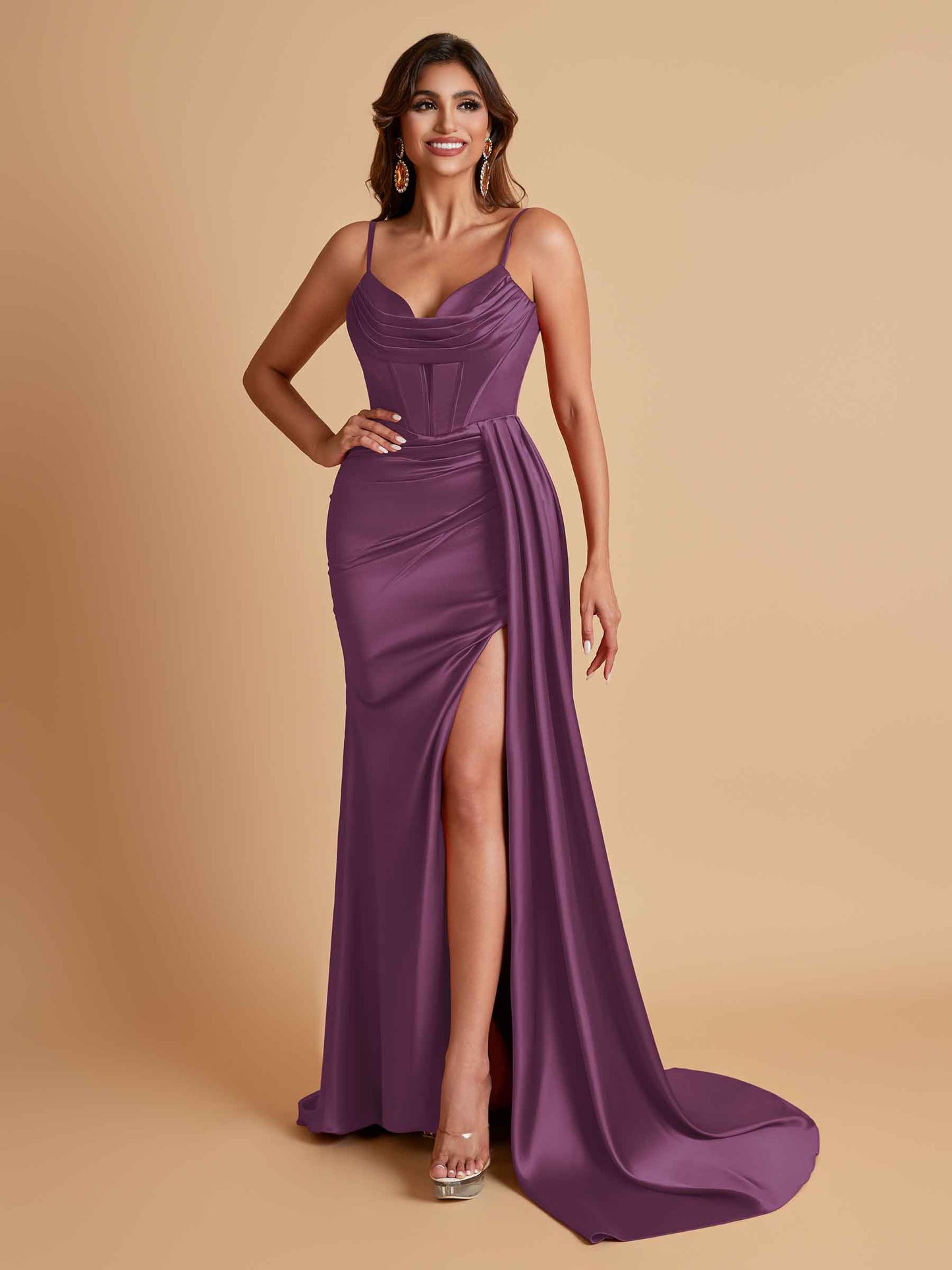 Sexy Soft Satin V-neck Spaghetti Strap Side-Slit Mermaid Bridesmaid Dresses