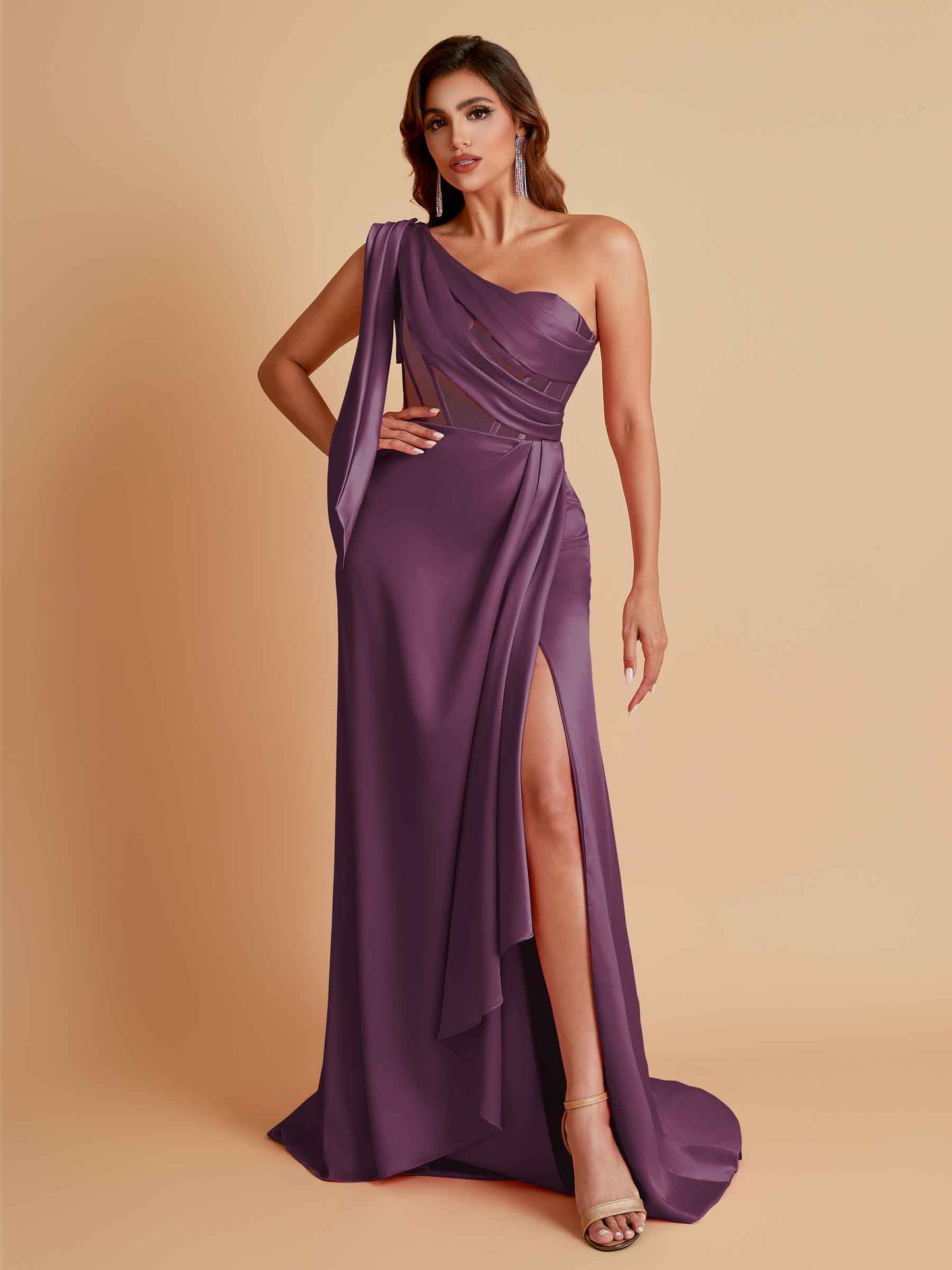 Sexy Soft Satin Mermaid One Shoulder Asymmetrical Side Slit Floor-Length Bridesmaid Dresses