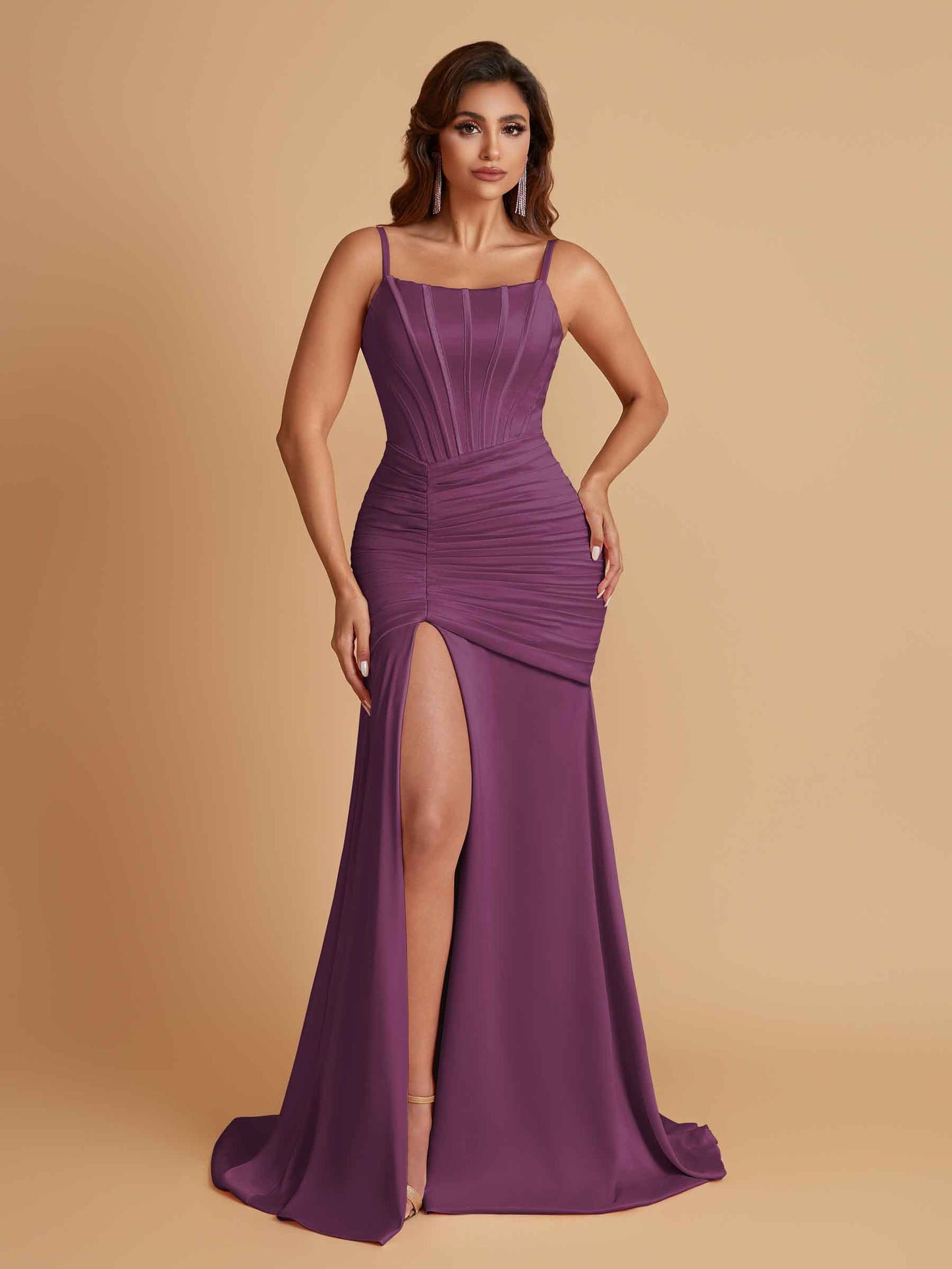 Sexy Soft Satin Mermaid Spaghetti Straps Side Slit Floor-Length Bridesmaid Dresses
