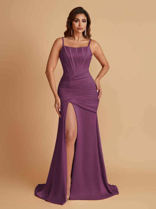 Sexy Soft Satin Mermaid Spaghetti Straps Side Slit Floor-Length Bridesmaid Dresses