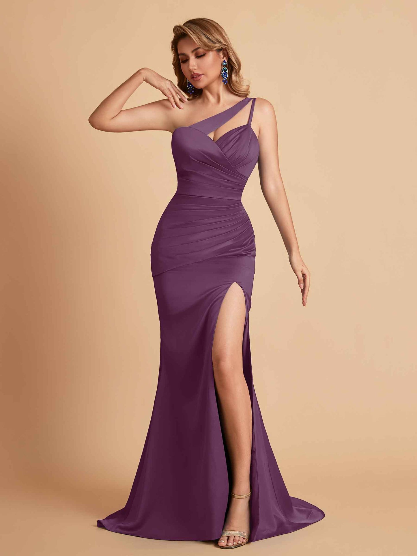 Elegant Satin One Shoulder Mermaid Side Slit Floor Length Bridesmaid Dresses