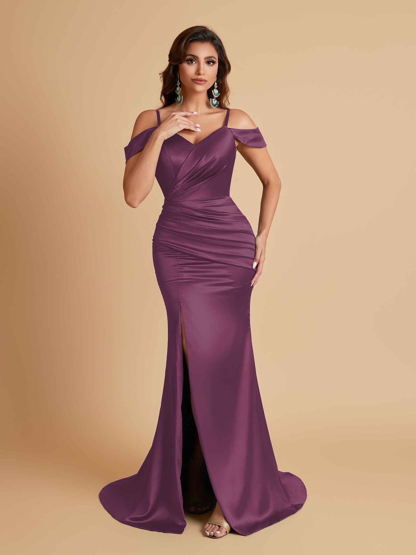 Sexy Soft Satin Mermaid Off Shoulder Side Slit Floor-Length Mermaid Bridesmaid Dresses