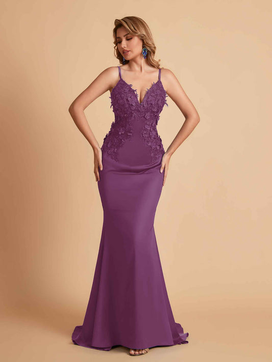 Sexy Satin Spaghetti Straps V-neck Mermaid Floor Length Applique Bridesmaid Dresses