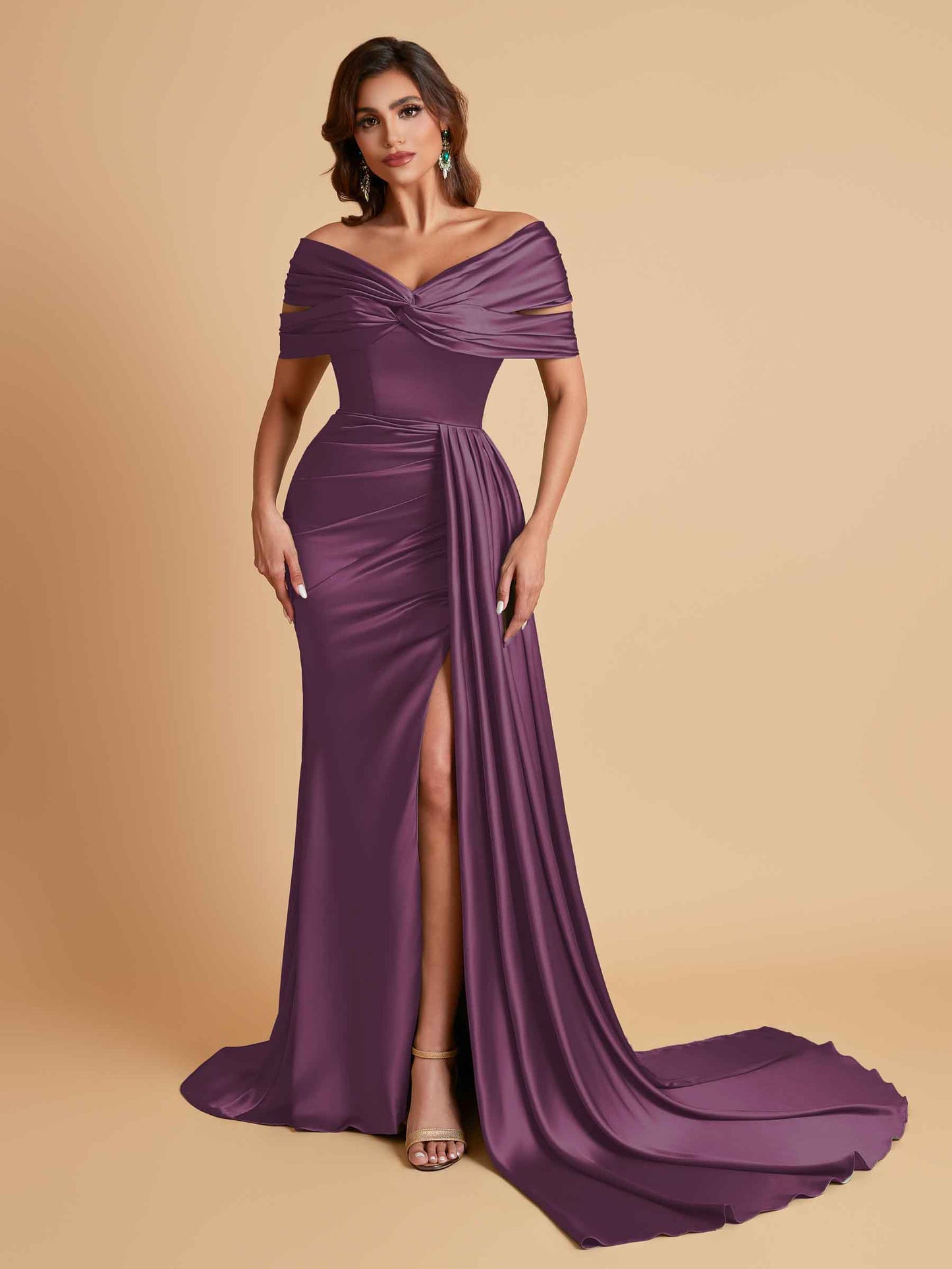Elegant Soft Satin V-neck Off-the-Shoulder Side-Slit Mermaid Bridesmaid Dresses