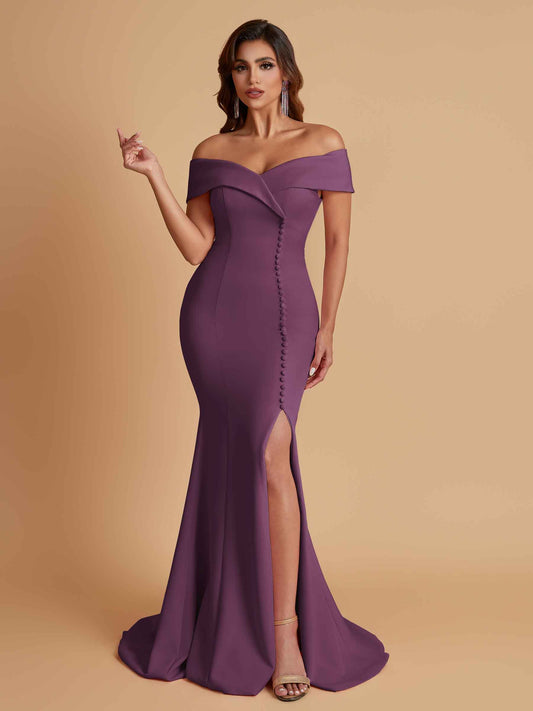 Elegant Soft Satin Mermaid Off Shoulder Side Slit Floor-Length Bridesmaid Dresses