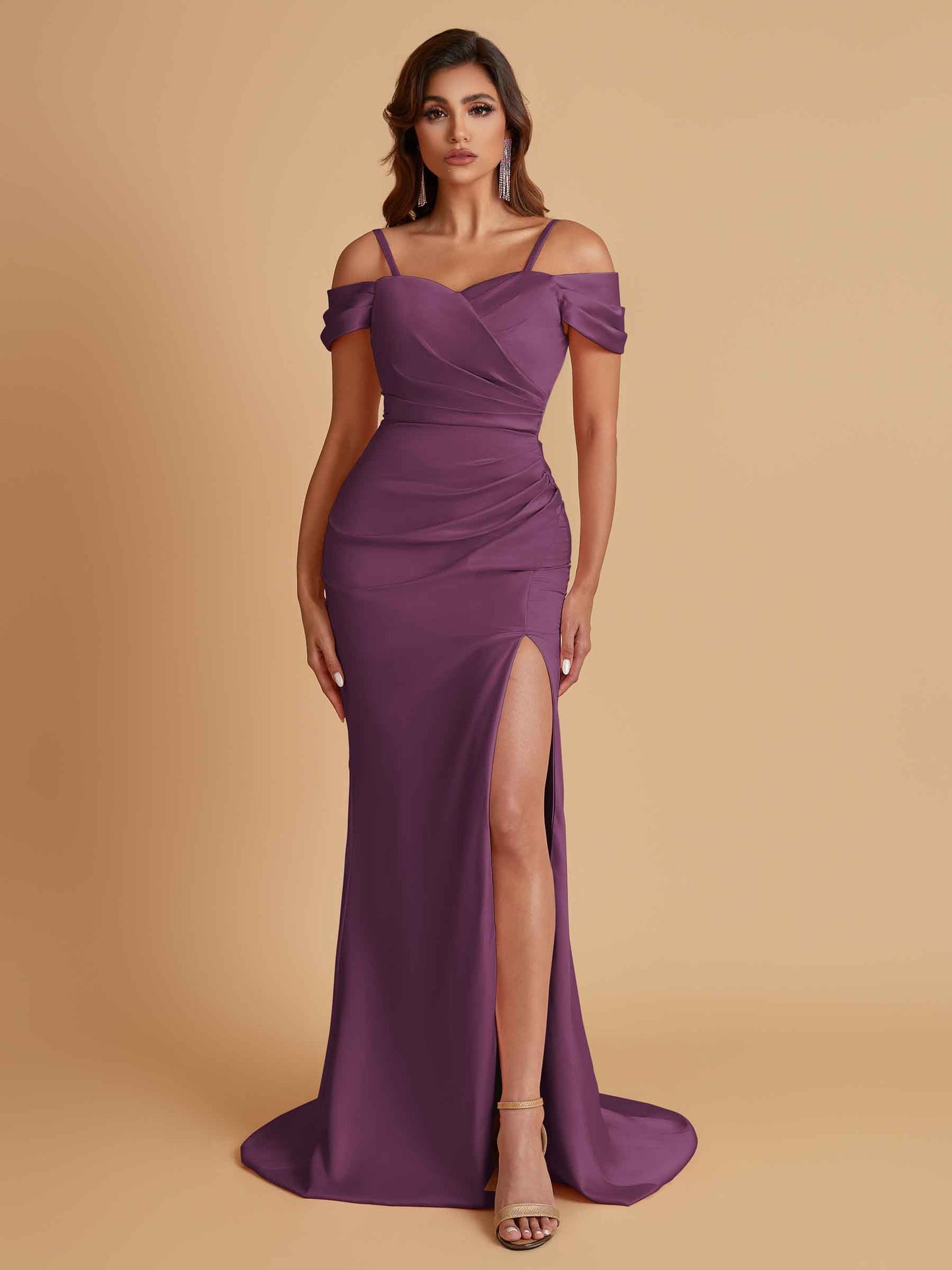 Sexy Soft Satin Mermaid Cold Shoulder Side Slit Floor-Length Bridesmaid Dresses Online
