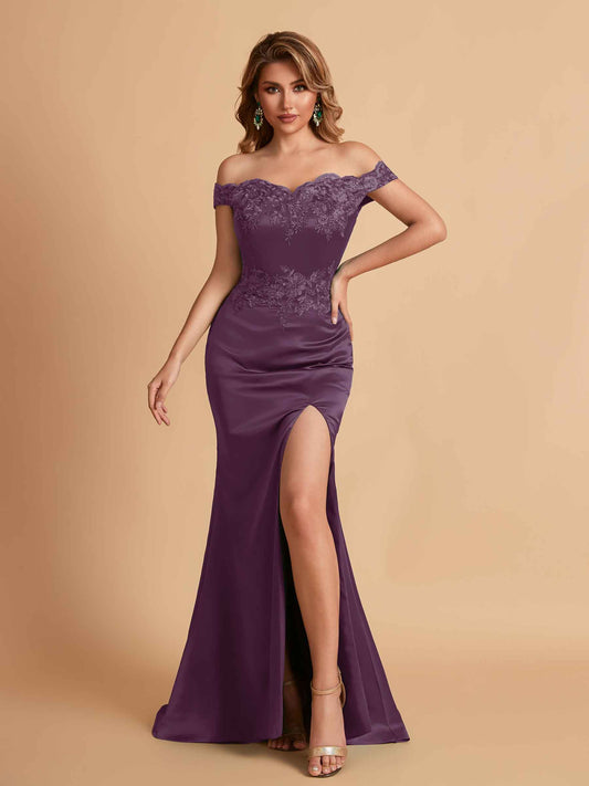 Elegant Satin Off Shoulder Mermaid Side Slit Floor Length Bridesmaid Dresses