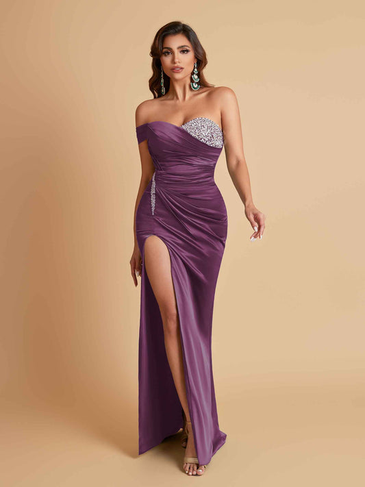 Sexy Soft Satin Mermaid One Shoulder Side Slit Floor-Length Mermaid Bridesmaid Dresses