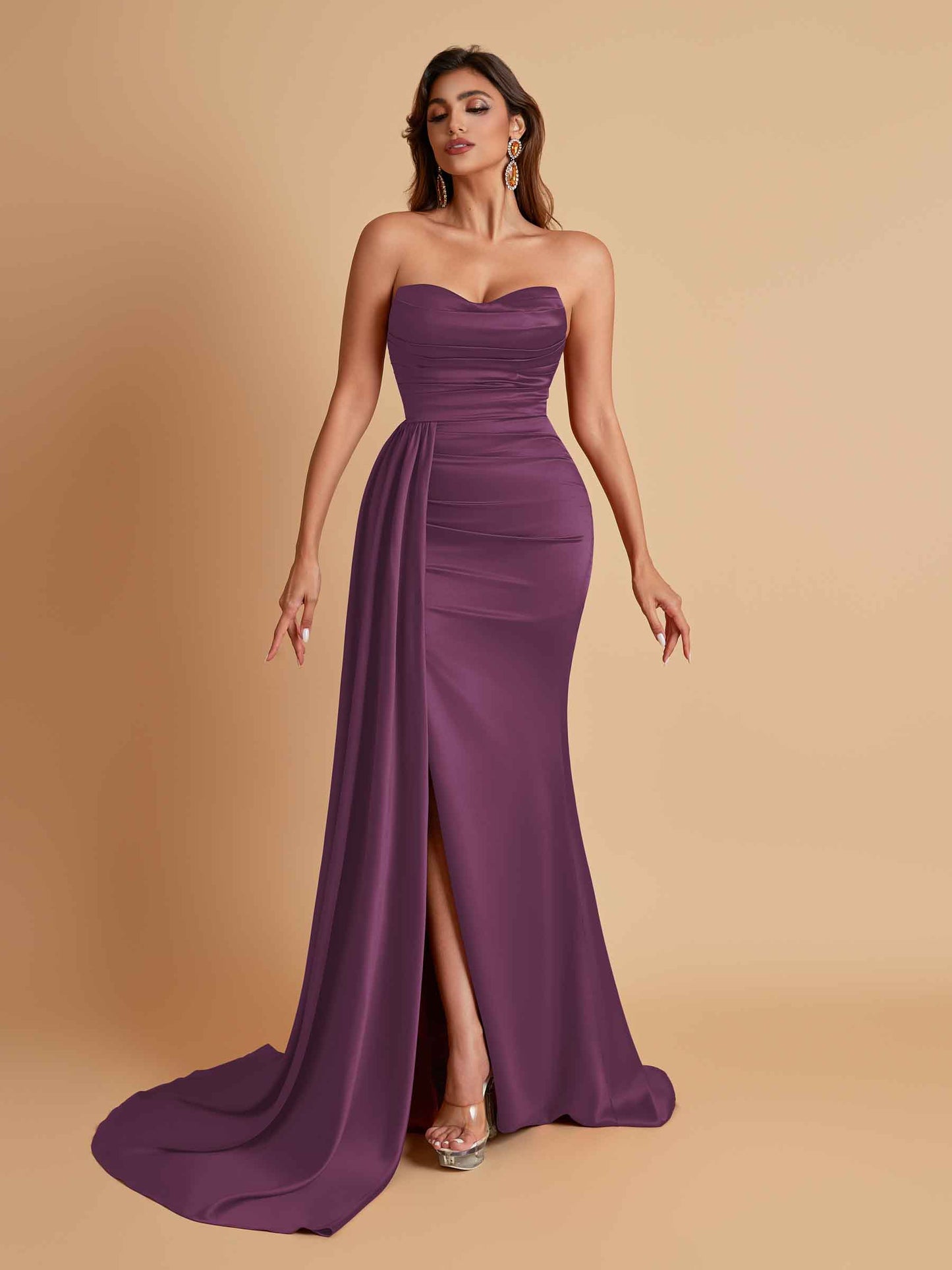 Elegant Soft Satin Sweetheart Strapless Side-Slit Mermaid Bridesmaid Dresses