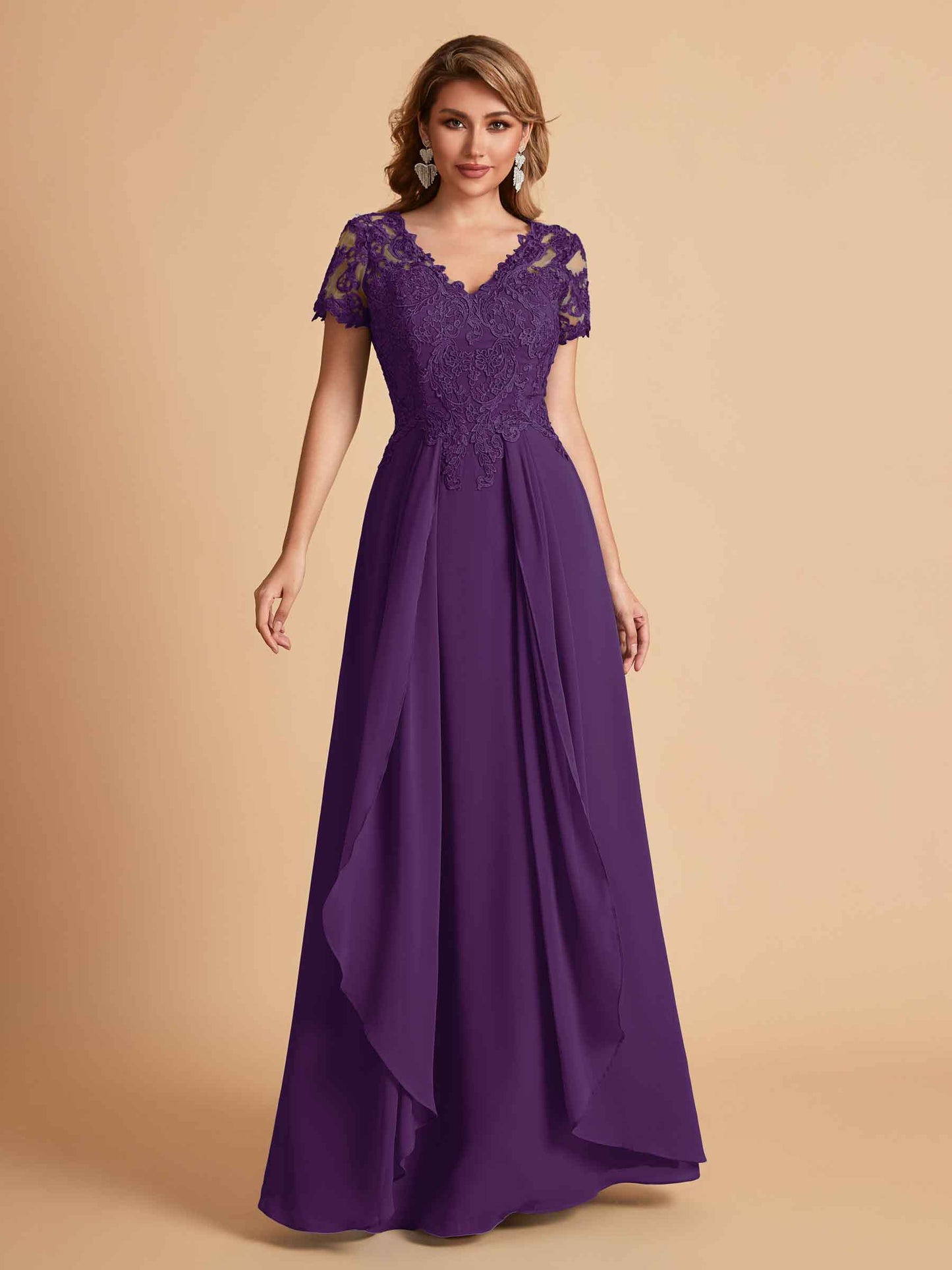 Elegant A-Line Chiffon Short Sleeves V-neck Mother of the Brides Dresses Lace Top MOB Dresses