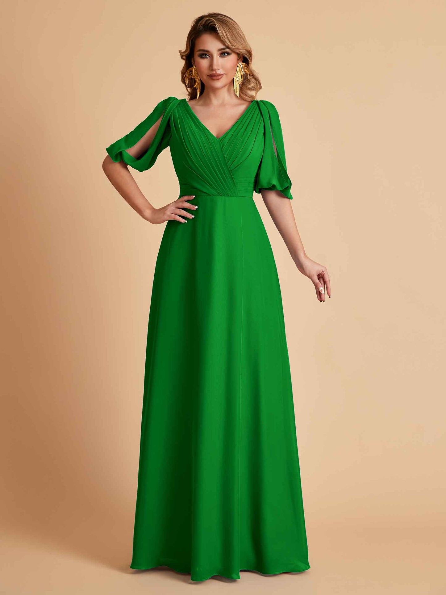 Elegant A-Line Chiffon Half Sleeves V-Neck Mother of the Brides Dresses Online