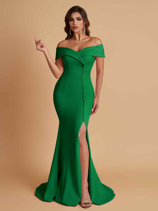 Elegant Soft Satin Mermaid Off Shoulder Side Slit Floor-Length Bridesmaid Dresses