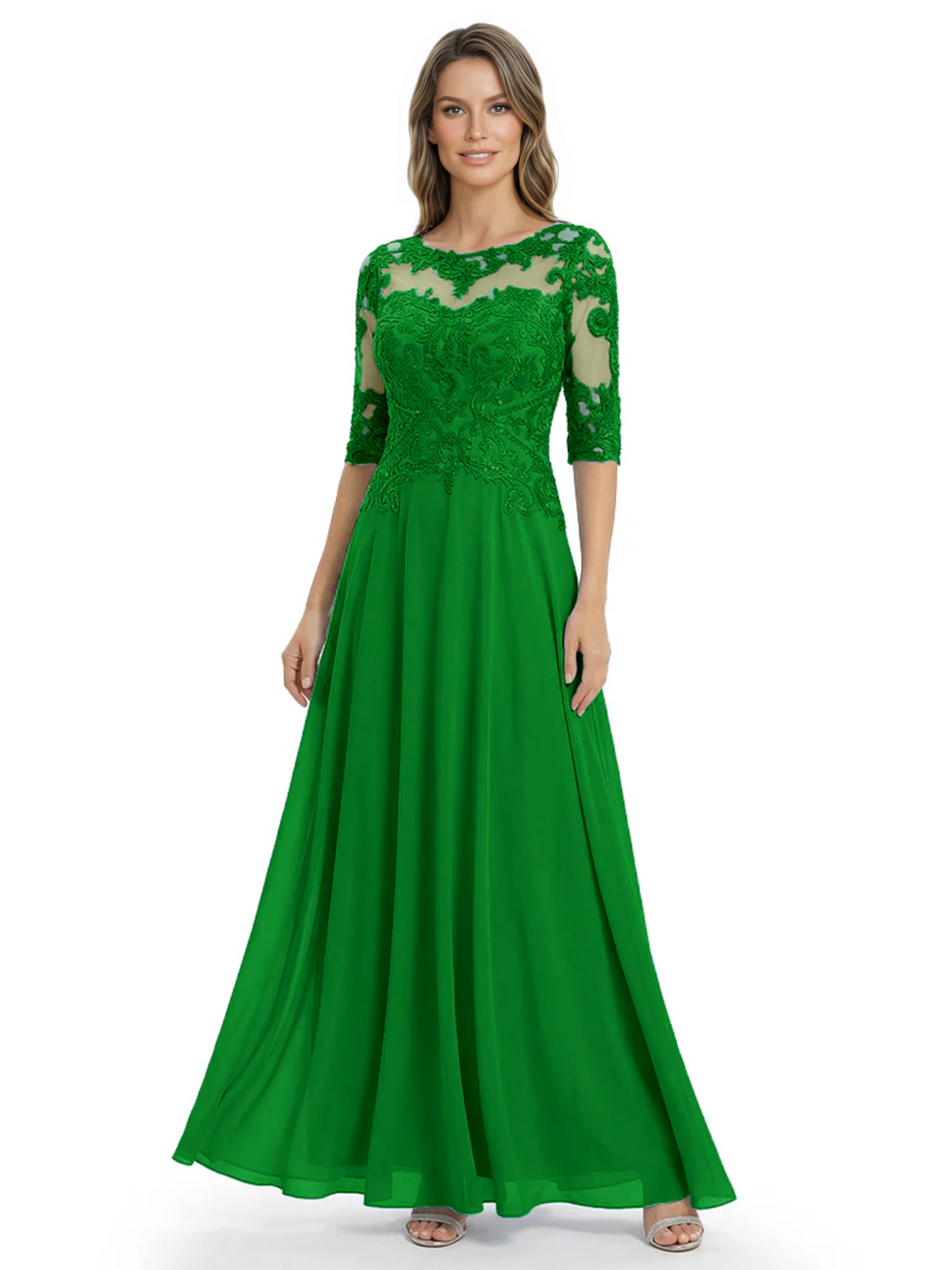 Illusion Neck Mother of the Bride Dress Half Sleeve Lace Applique Gowns Chiffon