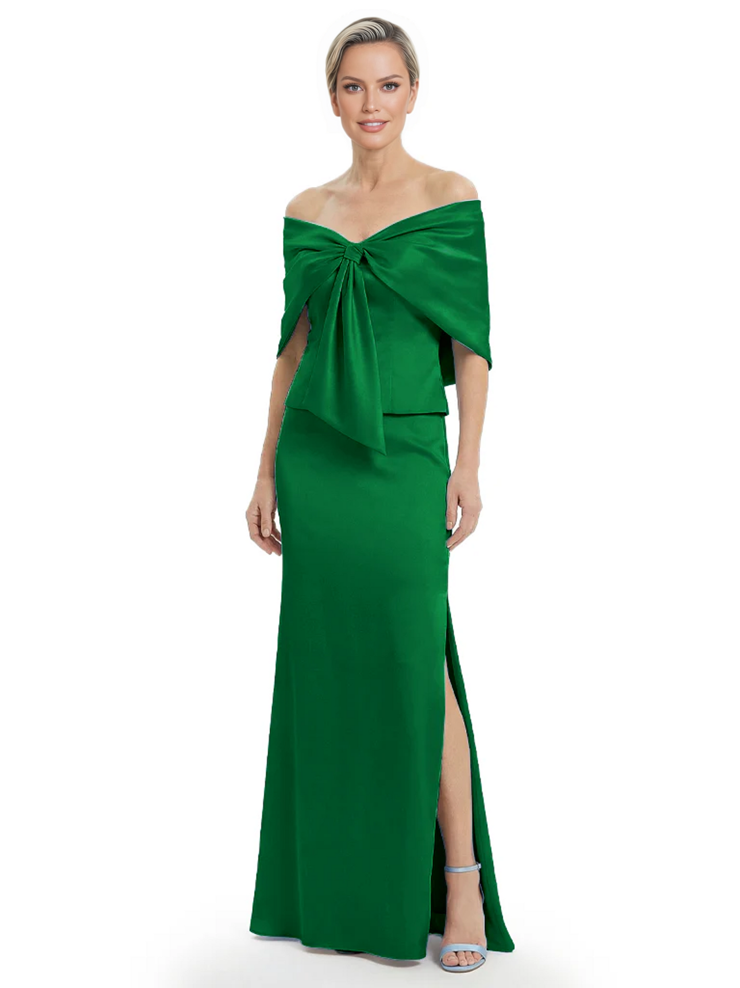 Formal Floor-Length Mother of the Bride Gown Satin Maxi Dress with Bow Neckline
