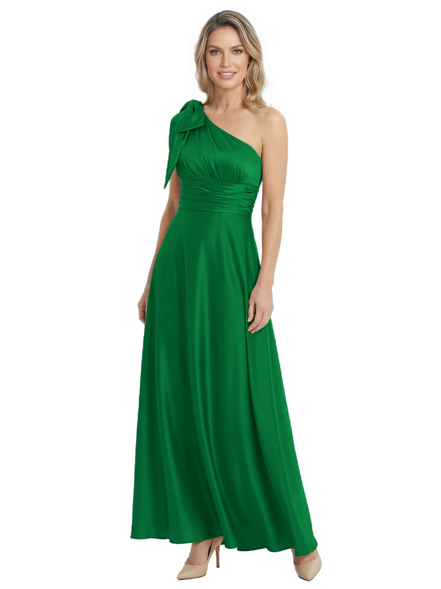 One-Shoulder Mother of the Bride Dress Satin Gown with Bow Ruched Empire Waist